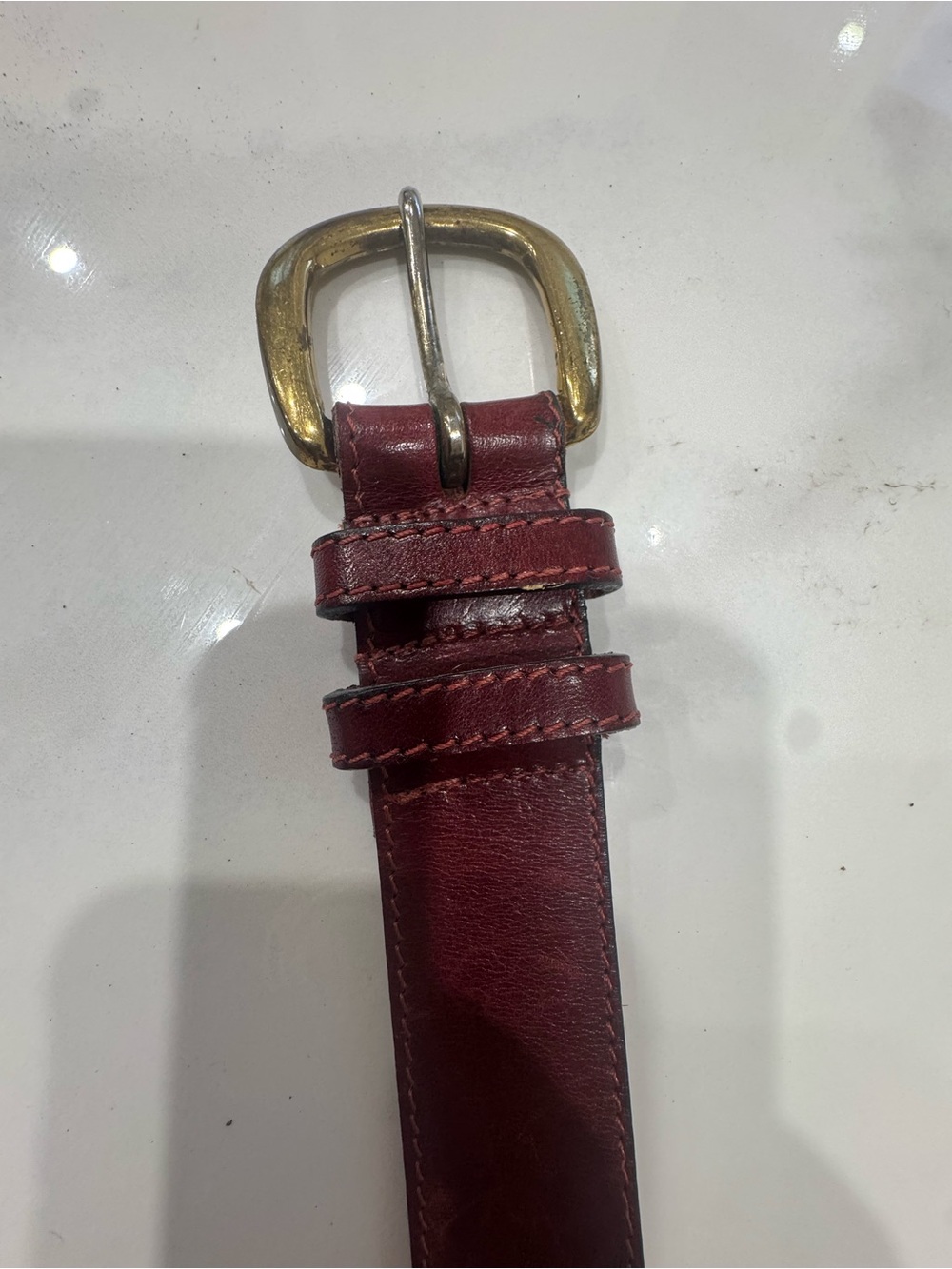 Women’s Burgundy Leather Belt with Rounded Brass Buckle
